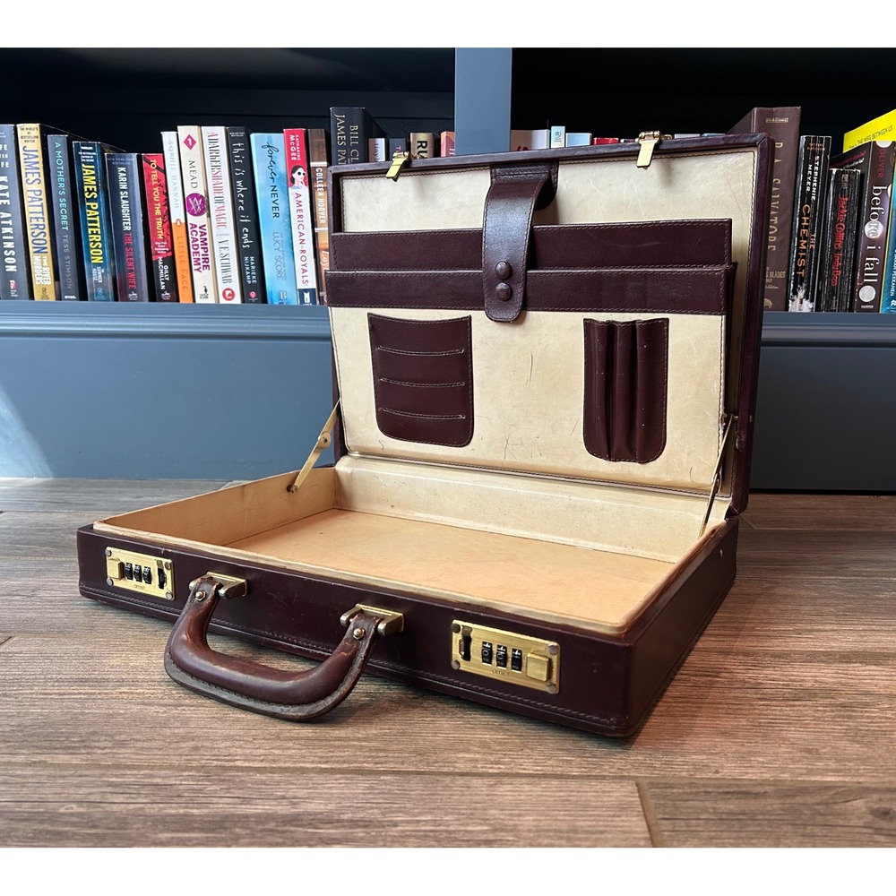 Vintage Burgundy Leather Hard Briefcase Amiet Brass Combination Lock Attache